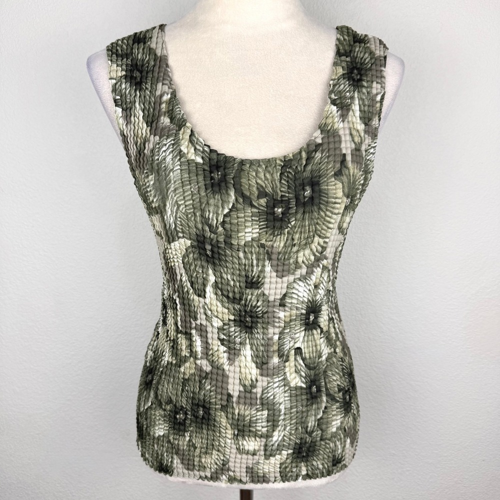 VTG Impressions Olive Green Floral Popcorn Crinkle Tank Top Sleeveless Sz Large